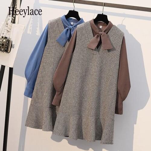 Plus size women autumn winter two piece set korean vintage lantern sleeve blouse and v neck sleeveless plaid ruffle dresses suit