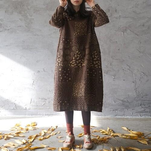 Johnature Dress Women 2020 Spring New Stand Long Sleeve Robes Print Floral Vintage Cheongsam Cotton Women Clothing Button Dress