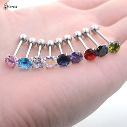 14G 16mm Bar Sexy Tongue Rings 7mm Round Zircon Inlaid Tongue Piercing Nipple Stainless Steel Tongue Ring Pircing Body Jewelry
