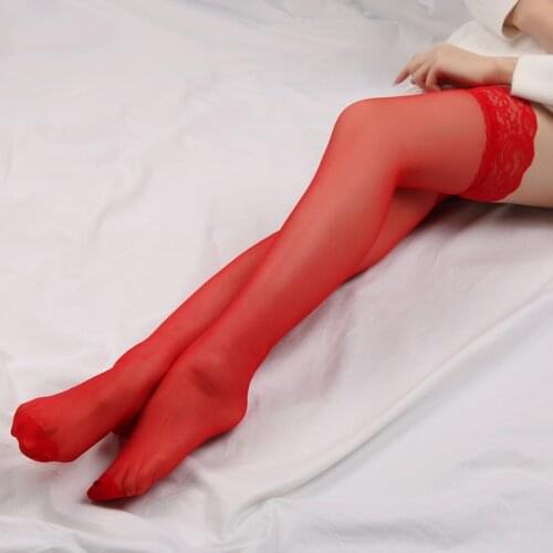 Black White Red Lace Top Thigh High Stockings 12D Utra Thin Transparent Nylon Pantyhose Silicone Stay Up Medias Cosplay Hosiery