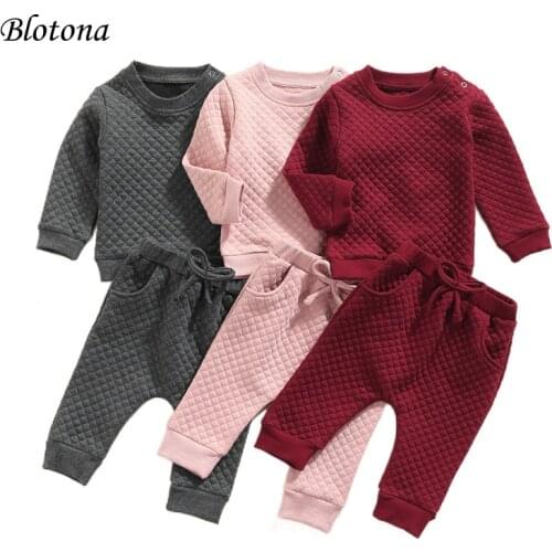 Blotona 2Pcs Kids Autumn Warm Tracksuit, Solid Color Thick Long Sleeves Pullover Sweatshirt + Casual Long Pants, 0-24Months