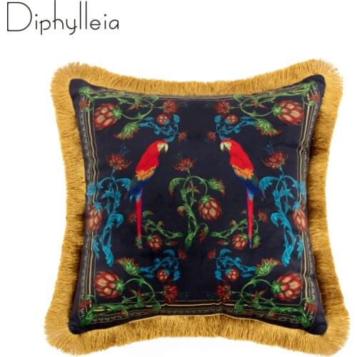 Diphylleia Secret Garden Cushion Cover Double Parrot Flowers Print Luxury Velvet Indoor Outdoor Throw Pillow Case Gold Tassels