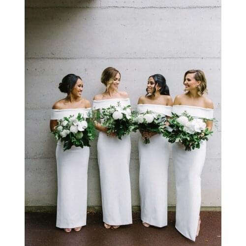 Elegant Sheath Long Off Shoulder White Bridesmaid Dresses Custom Floor Length Lace Up Back Ivory Formal Wedding Party Dresses