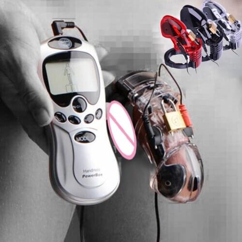 Electric Shock CB6000 Male Chastity Cock Cage Ball Stretcher BDSM Lock Chastity Belt Electric Stimulation Penis Ring Sex Toy