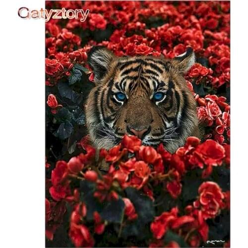 GATYZTORY Flower Tiger Painting By Numbers Frame Canvas Colouring Animal Handpainted Diy Gift Home Wall Decor 60×75cm