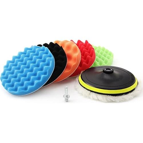 2021 New 7Pc 3/4/5/6/7'' Car Polisher Polishing Waxing Buffing Woolen&Sponge Pads Kit