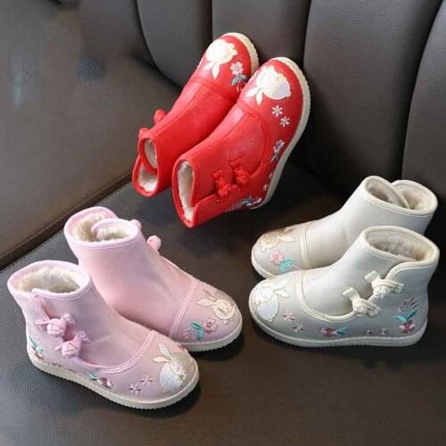 Girls Embroidery Short Boots Spring Winter Princess Vintage Chinese Style Ankle Boots Shoes Light-weight Dress Match Flat Shoes