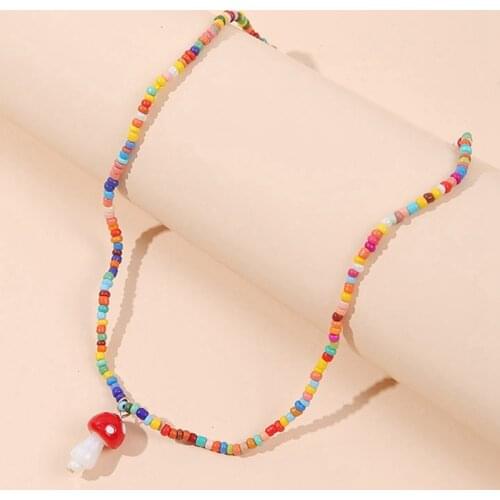Colorful Beaded Charm Necklace Adjustable Mushroom Pendant Necklace Bead Strand Necklace Choker Bohemian Women Girls Necklace