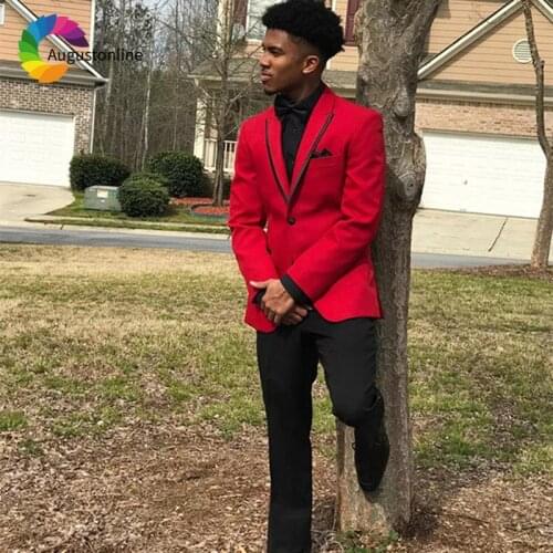 Red Slim Fit Wedding Men Suits Tuxedos Groom Wear Terno 2 Pieces (Jacket+Pants) Peaked Lapel Groomsman Prom Suits Costume Homme