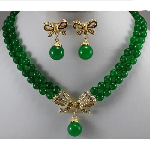 Green Jades Necklace Earrings Jewellery Set,2Strands 8mm Round Beads Pendant Necklace Earrings,New Free Shipping
