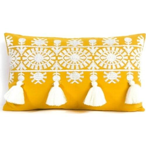 50x30cm yellow white embroidered cushion cover tassels fringe pillowcase lumbar pillow cover indoor