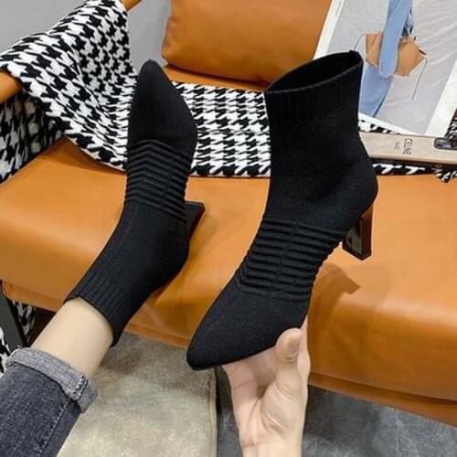 2021 New Women Sock Boots Knitting Stretch Boots Thin Heels for Woman Pointed Toe Fashion Shoes Spring Autumn Footwear Female