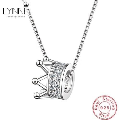 New Fashion 925 Sterling Silver Rotatable Crown Round CZ Pendant Necklace Rhinestone Charm Clavicle Necklaces Women Jewelry Gift