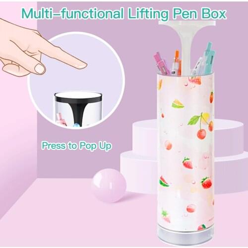 Lifting Pencil Case Standing Stationery Box Pen Holder Organizer with Small Mirror Solar Energy Calculator Dry Erase Marker