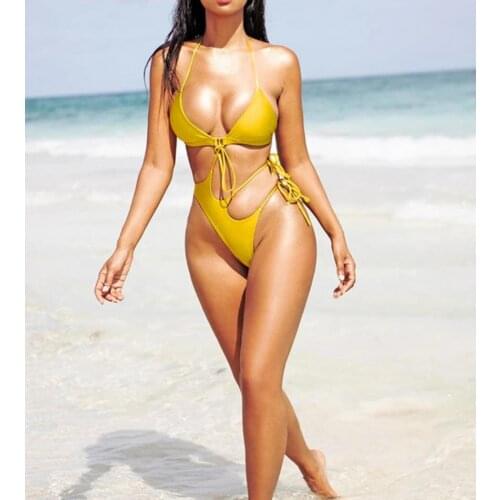 Sexy Lace-up One-Piece Swimsuit Women Swimwear Leopard Bandage Hollow Monokini Hot Summer Female Halter Backless Bathing Suit