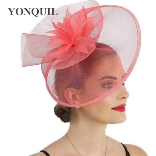 Women Generous Big Mesh Chapeau Cap Church Wedding Ladies Fasciantor Hat Fashion Feather Flower Headwear Church Hair Accessories
