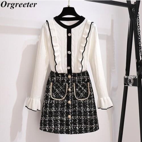 Sweater 2 piece Set Women Autumn New Single-breasted Ruffles Trim Long Flare sleeve Knitted Tops and Plaid Tweed Skirt Suits