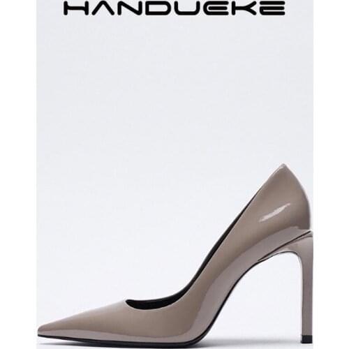 Elegant Ladies Taupe High Heel Pumps High Heels Spring Shoes Chunky High Heels Stiletto Single Shoes Patent Leather