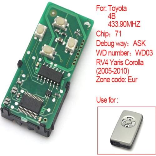 HKCYSEA 4 Button Smart Remote Car Key Board 433.90MHz For Toyota 2005-2010 RV4 Yaris Corolla WD03 Chip 71 (271451-0111-Eur)