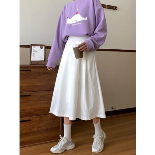 Autumn Winter Elegant Elastic High Waist Women Mid-length Skirts 2020 New Fashion Loose Solid Female A-line Skirts