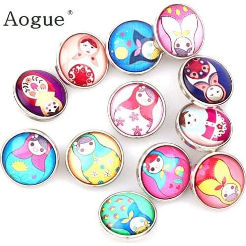 Factory Fashion 12pcs High Quality 18mm Mixed Russian Dolls Glass Metal Snaps buttons DIY Snap Charms Jewelry Bracelet&Bangle