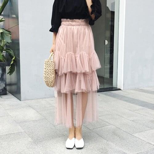 TREND-Setter 2019 Summer Casual Mesh Skirts Women Long White Ruffles High Waist 5 colors