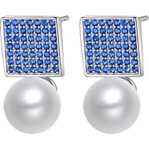 Luxury Blue/Purple Zirconia Pearl Earrings for Women Silver Color Square Stud Earrings with Pearls CZ Girls Cute Jewelry Gifts