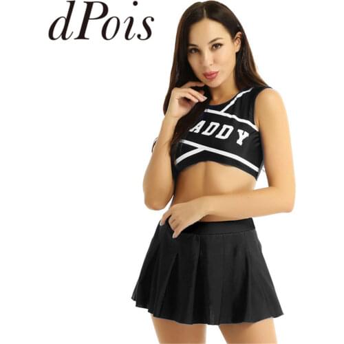 Women Adults Schoolgirl Cosplay Cheerleading Costume Set Sleeveless Cropped Tops + Mini Skirt Game Cheerleader Uniforms Femme
