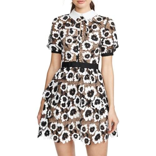 Runway Fashion Summer Elegant Patchwork Lace Dress Women Lapel Short Sleeve Hollow Out High Waist Sexy Dresses Female Clothing