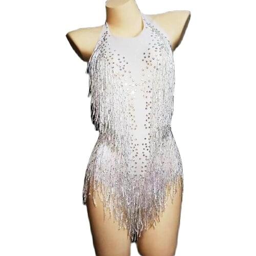 Shining Diamonds Women White Tassel Party Bodycon Bodysuits Stretch Nightclub Pole Dance Costumes Backless Acrobatic Leotard