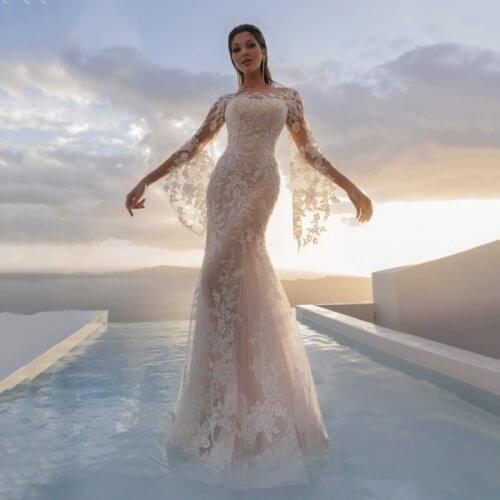 Thinyfull Princess Mermaid Button Wedding Dresses Flare Sleeve O Neck Bridal Gown Sweep Train Lace Appliques Vestido De Novia