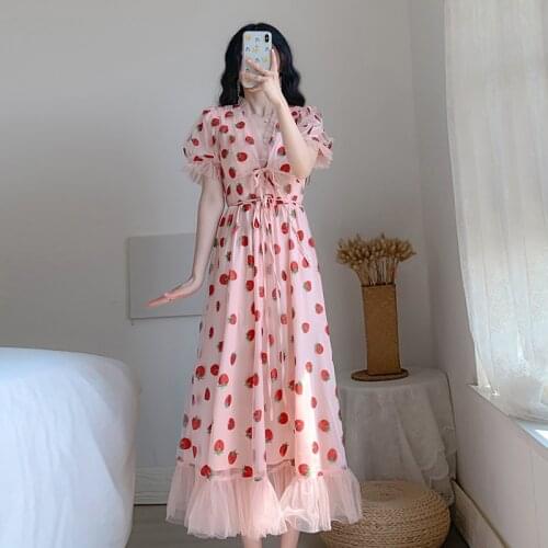 Vintage Sexy V-Neck Strawberry Dress Short Sleeve Party Ankle-Length Maxi Dresses for Women WomenS Clothing Summer 2021 Pink