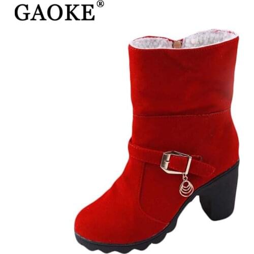 2020 Autumn Winter Snow Boots Warm Women High Heel Thick Platform Boots Suede Flocking Leather Solid Ladies Fashion Boots
