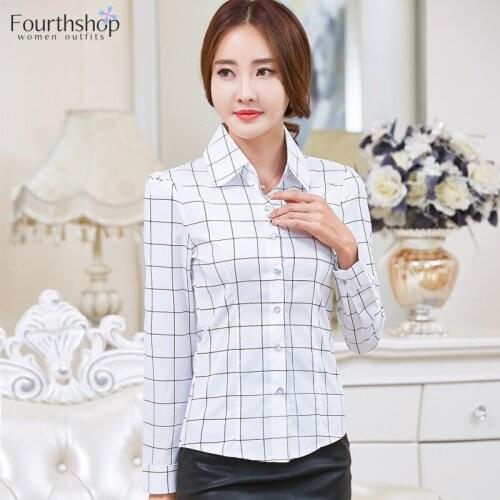 White Tops and Blouses Female 2020 Plaid Design Turn-down Collar Long Sleeved Women Shirts Office Lady Work Wear Autumn Summer