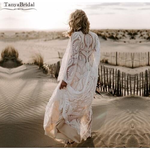 Bohemian Lace Wedding Dresses A Line Long Flare Sleeve Bridal Gowns V-Neck Closed Back Charming Engagement Noivas DW549