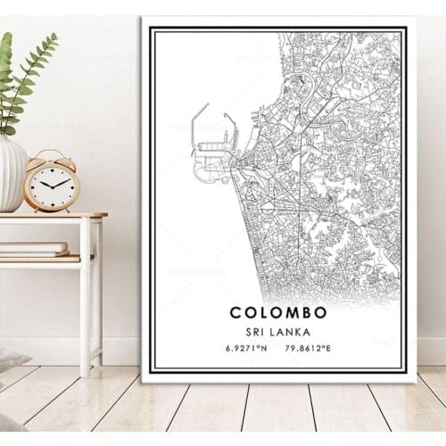 Black and white Posters COLOMBO map wall art canvas painting hd print for Living room Bedroom Bar Cafe Home Decoration framed