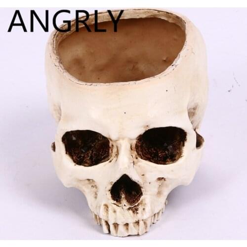 ANGRLY Resin Halloween Props No Brain Skull Hollow Skeleton Resin Skeleton Head Bone Flower Pot Ashtray Halloween Decorations
