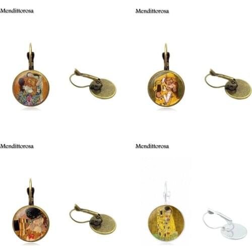 Mendittorosa Gustav Klimt The Kiss Glass Cabochon Bronze/Silver/Golden Clip Ear Hook Drop Earrings For Women Jewellery