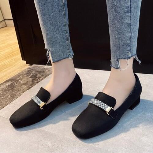 Fashion black ladies high heels comfortable spring and autumn retro trend rhinestone flat square toe single shoes exquisite