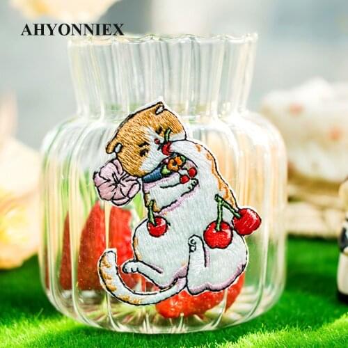 AHYONNIEX Cat Cherry Flower Embroidery Patches for Bag Jeans Angel Strawberry Iron On Patches for Clothes Small DIY Patches