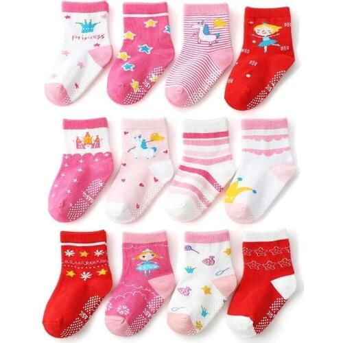 12 Pairs/Lot Kids Childrens Anti-slip Socks Boys Girls Floor Sock for Kid with Rubber Grips Four Season 1-3Years