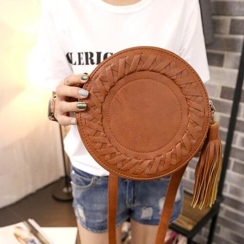 New Style WOMENS Bag-Version Womens Shoulder Bag Solid Color Woven Tassled Small round Bag Fashion Makeup Purse Bag