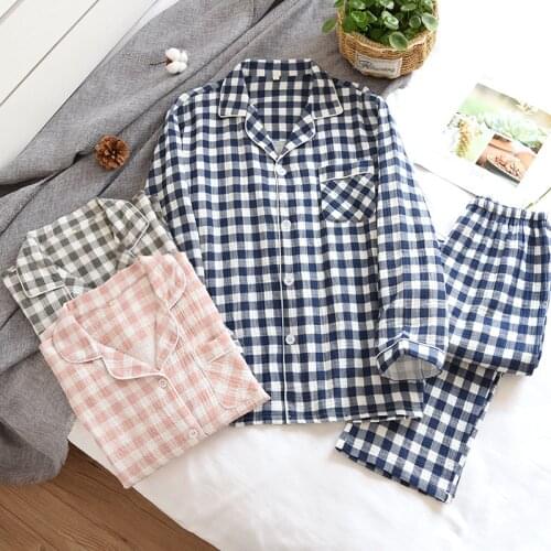 2021 new spring and autumn couple simple casual plaid pajamas suit 100% cotton crepe home service pajamas for men and women