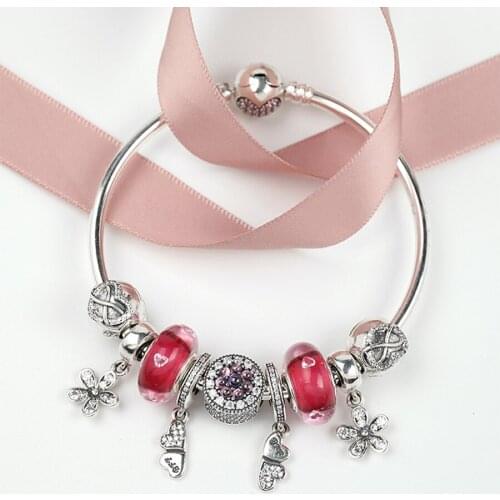 NEW 100% 925 Sterling Silver Brand New 1:1 Genuine Dazzling Flower Daisy Charm Bracelet Cherry Red Love Ladies Bracelet Set