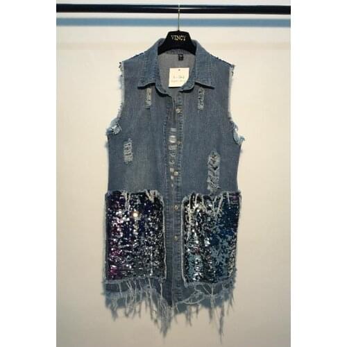 New Denim Vest Medium-Long Women Sequined Waistcoat Turn-down Collar Coat Denim Sleeveless Jacket