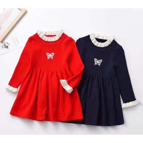 Casual Kids Dresses For Girls Bowknot Printing Princess Dresses Spring Autumn Cute Kids Girl Dress Long Sleeve Knit Dress
