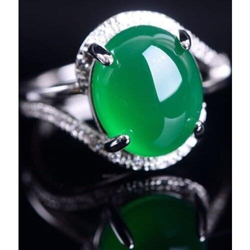 Certificate)Women S925 Agate Ring Green Chalcedony Egg Rings Silver Circle Rings Gift for Female Fine Jewelry