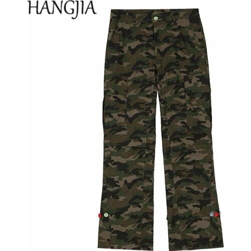 Street wear Hip Hop Womens Micro Flared Camouflage Pants Sense Button Ribbon Overalls Slim Fit Cargo Flare Trousers for Men