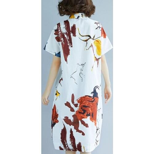 Summer 2021 new large size womens base skirt loose artistic print MIDI skirt short sleeve cotton linen dress women