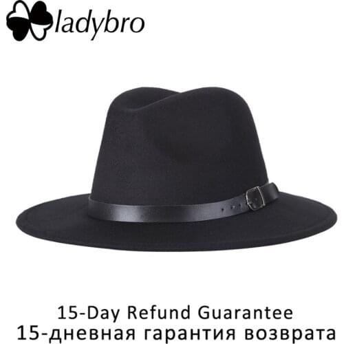 Ladybro Imitation Wool Cap Women Fedora Hat For Men Wide Brim Hat Autumn Winter Sombreros Jazz Cap Male Belt Panama Hat Female